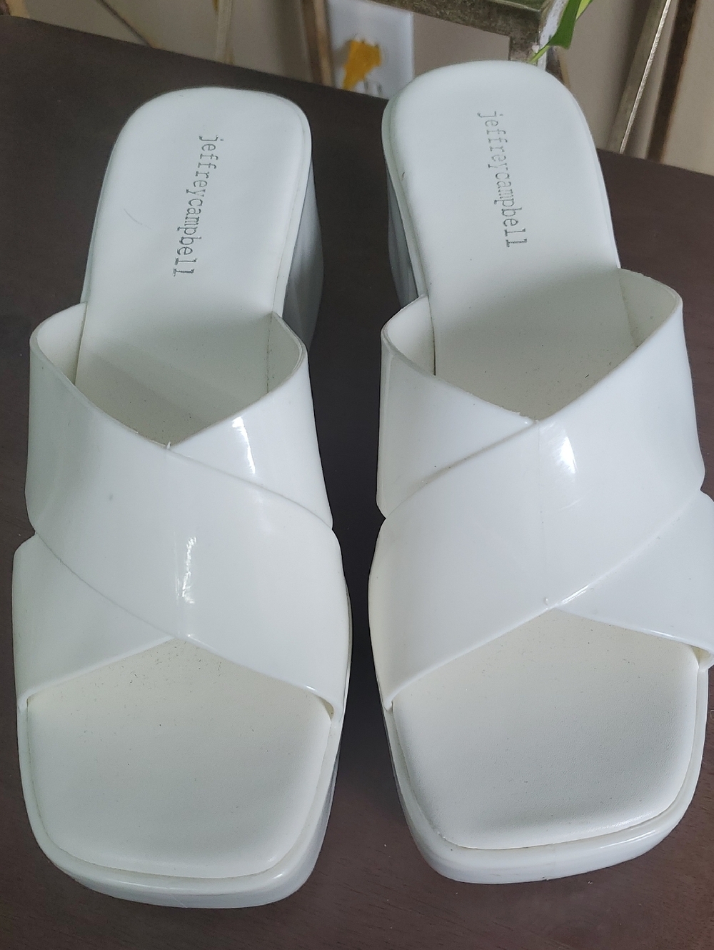 Jeffrey Campbell White Crisscross Patent Bubblegum Slide Mules